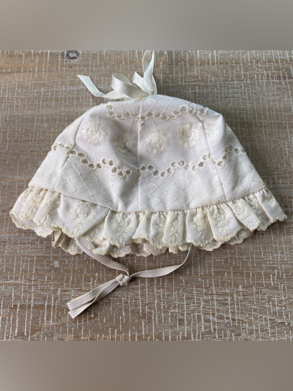 Nolan Eyelet Lace Ivory Baptism or Christening Bonnet Hat with Ribbon at Top